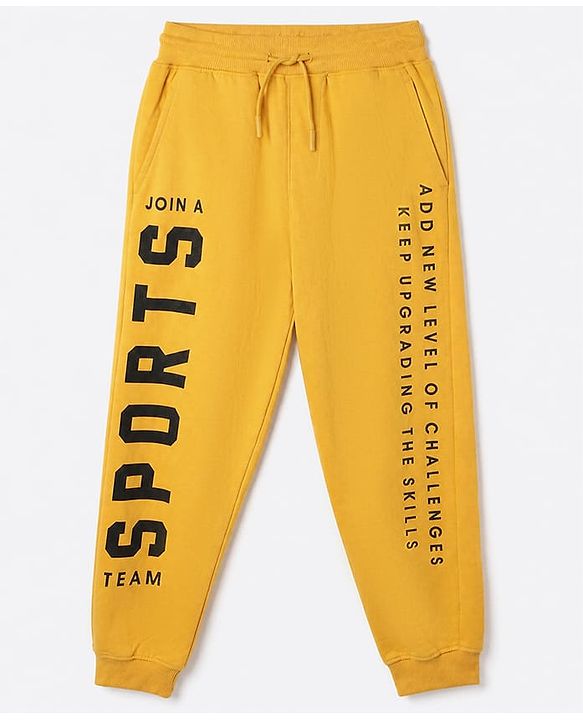 Pine Kids Cotton Knit Full Length Jogger Fit Lounge Pant with Slogan Print in Yellow