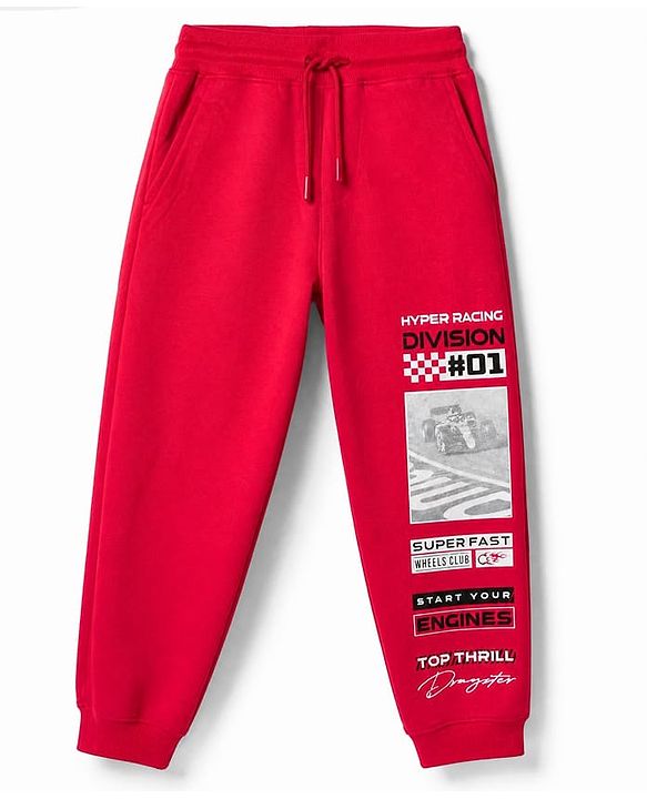 Pine Kids Cotton Mixes Knit Full Length Lounge Pant with Hyper Racing Division Text Print - Red
