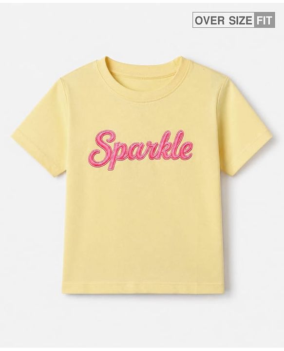 Pine Kids 100% Cotton Knit Oversized T-Shirt with Half Sleeves and Sparkle Embroidery in Yellow for 4-5 Years