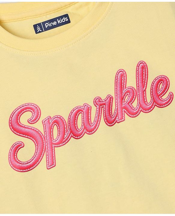 Pine Kids 100% Cotton Knit Oversized T-Shirt with Half Sleeves and Sparkle Embroidery in Yellow for 4-5 Years