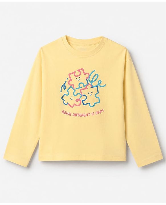 Pine Kids 100% Cotton Knit T-Shirt With Full Sleeves and Puzzle Print in Yellow