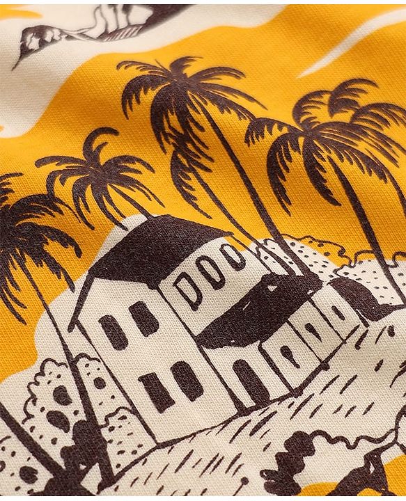 Pine Kids 100% Cotton Knit T-Shirt with Half Sleeves and Island Landscape Print - Peach