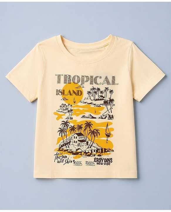 Pine Kids 100% Cotton Knit T-Shirt with Half Sleeves and Island Landscape Print - Peach