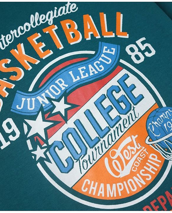 Pine Kids 100% Cotton Knit Half Sleeves T-Shirt with Basketball Print in Green