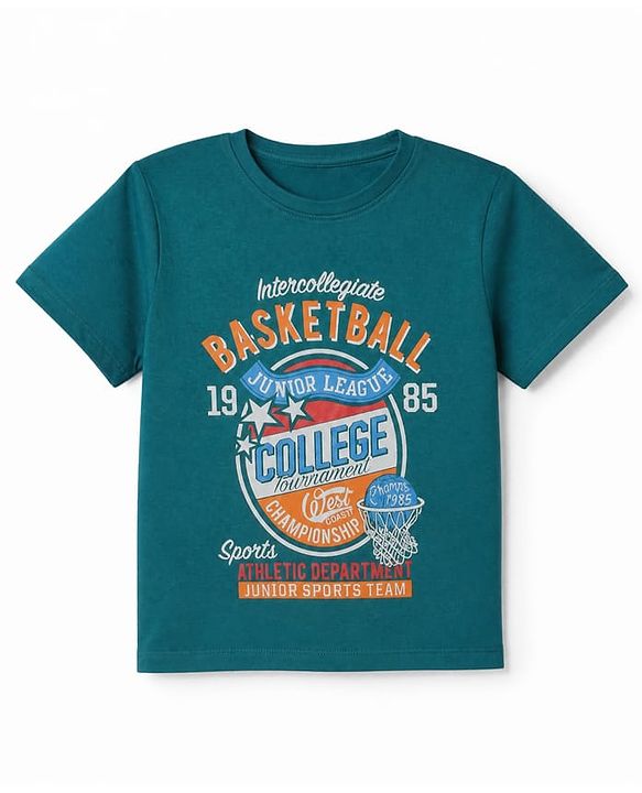 Pine Kids 100% Cotton Knit Half Sleeves T-Shirt with Basketball Print in Green