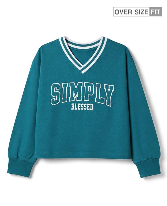 Pine Kids 100% Cotton Knit Full Sleeves T-Shirts with Simply Blessed Print - Teal Blue