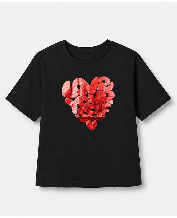Pine Kids 100% Cotton Knit T-Shirt with Half Sleeves and Love Yourself Love Yourself Print in Black