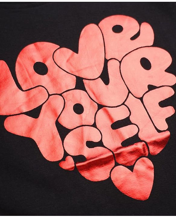 Pine Kids 100% Cotton Knit T-Shirt with Half Sleeves and Love Yourself Love Yourself Print in Black