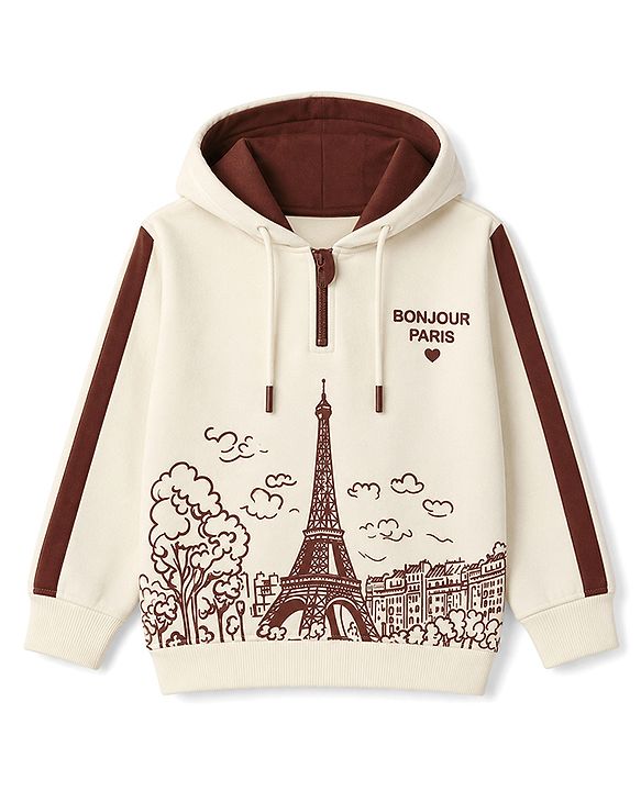 Pine Kids 100% Cotton Knit Hooded Sweatshirt with Full Drop Shoulder Sleeves and Eiffel Tower Print - Off White