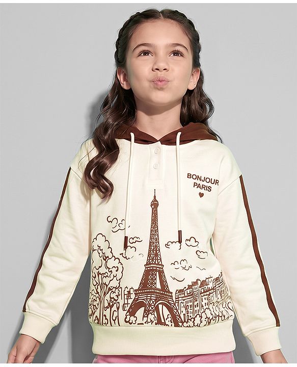 Pine Kids 100% Cotton Knit Hooded Sweatshirt with Full Drop Shoulder Sleeves and Eiffel Tower Print - Off White