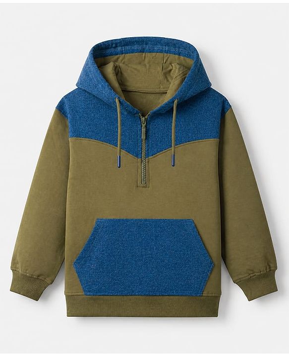 Pine Kids 100% Cotton Knit Full Sleeves Hooded Sweatshirt with Zipper in Olive Green