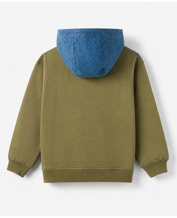 Pine Kids 100% Cotton Knit Full Sleeves Hooded Sweatshirt with Zipper in Olive Green
