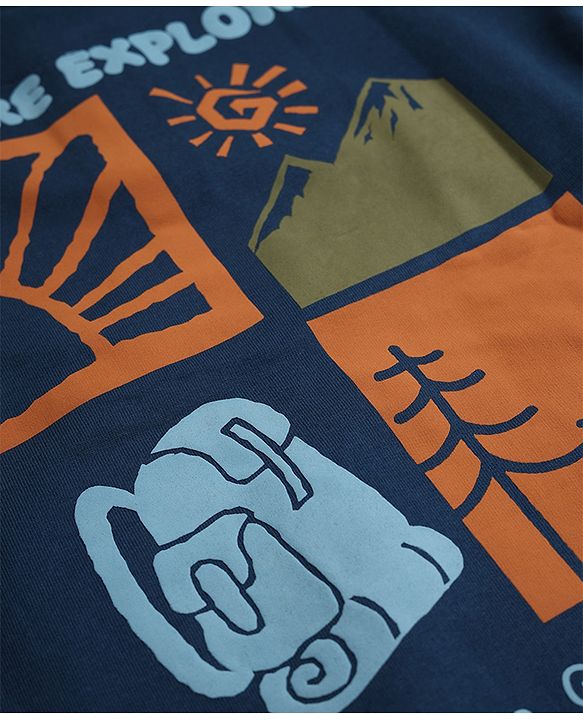 Pine Kids Cotton Knit Full Raglan Sleeves Hooded Sweatshirt With Text Print - Navy Blue