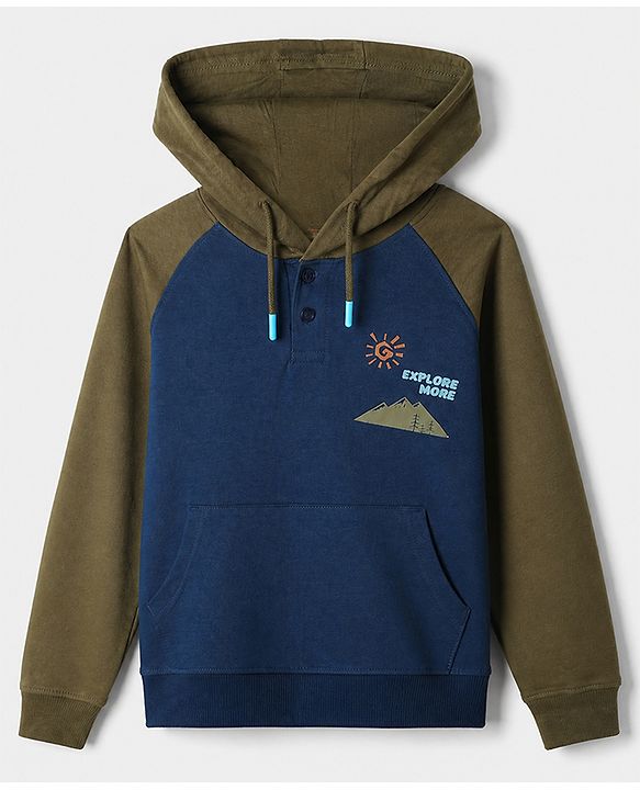 Pine Kids Cotton Knit Full Raglan Sleeves Hooded Sweatshirt With Text Print - Navy Blue