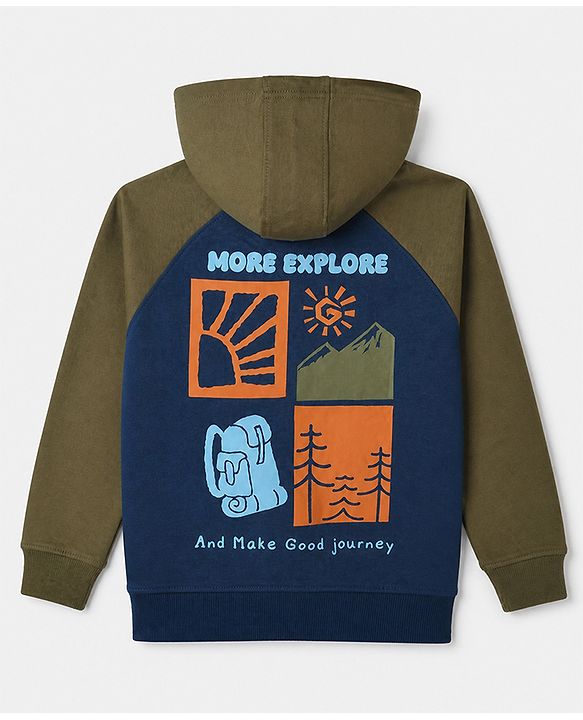 Pine Kids Cotton Knit Full Raglan Sleeves Hooded Sweatshirt With Text Print - Navy Blue