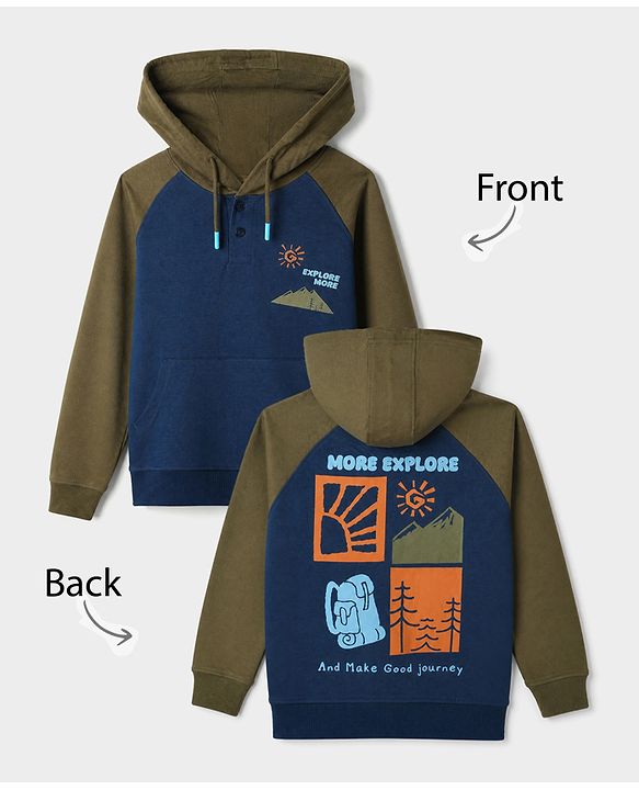 Pine Kids Cotton Knit Full Raglan Sleeves Hooded Sweatshirt With Text Print - Navy Blue