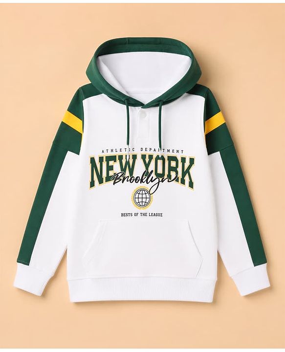 Pine Kids Cotton Knit Hooded Sweatshirt with Full Sleeves and New York Text Print - White