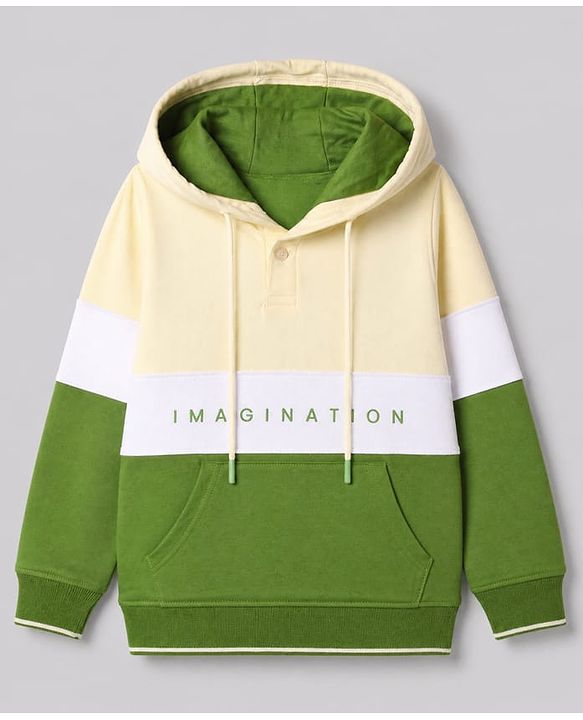 Pine Kids 100% Cotton Knit Hooded Sweatshirt with Full Sleeves and Imagination Text Print - Olive Green