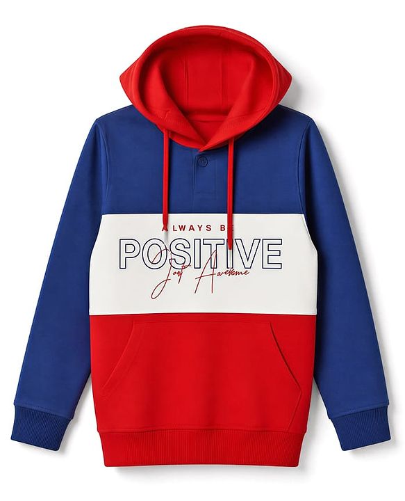 Pine Kids Cotton Knit Color Block Hooded Sweatshirt with Full Sleeves and Positive Text Print - Red