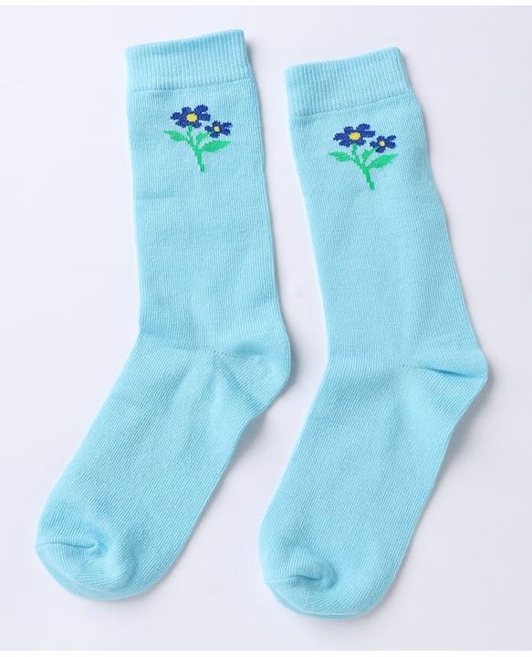 Pine Kids Cotton Knit Below Knee Length Socks With Floral Design Pack of 3 - Blue Yellow White