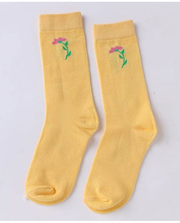 Pine Kids Cotton Knit Below Knee Length Socks With Floral Design Pack of 3 - Blue Yellow White