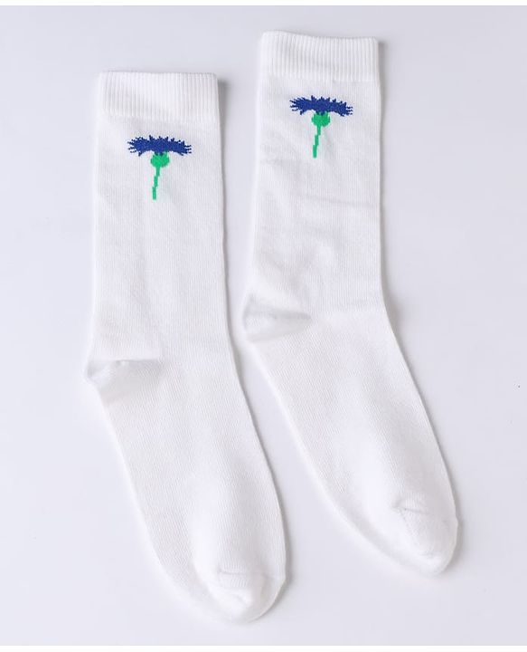 Pine Kids Cotton Knit Below Knee Length Socks With Floral Design Pack of 3 - Blue Yellow White