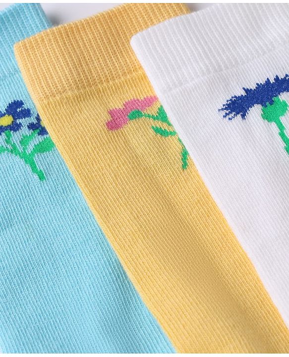 Pine Kids Cotton Knit Below Knee Length Socks With Floral Design Pack of 3 - Blue Yellow White