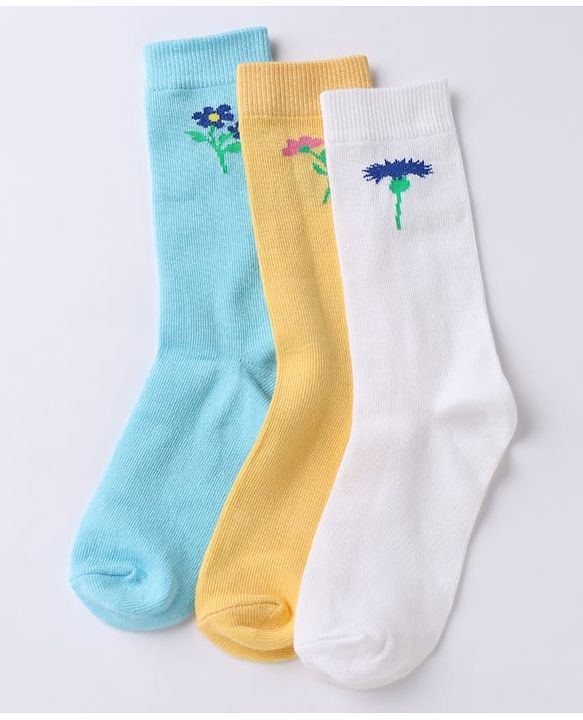 Pine Kids Cotton Knit Below Knee Length Socks With Floral Design Pack of 3 - Blue Yellow White
