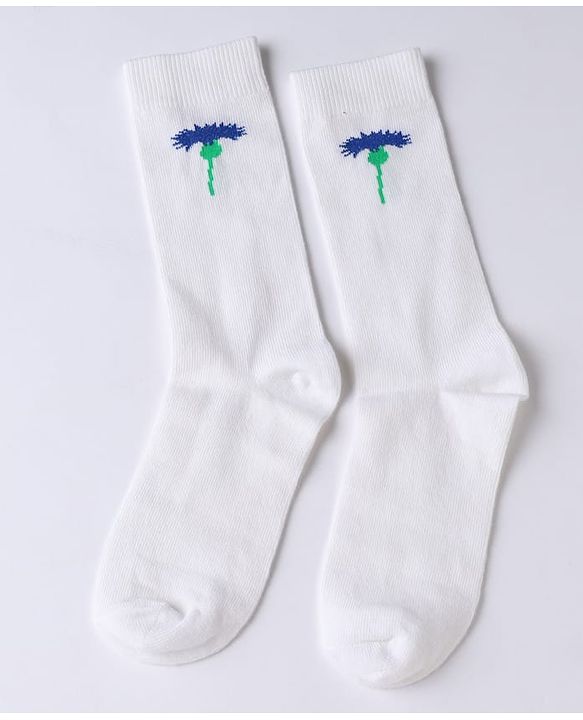 Pine Kids Cotton Knit Below Knee Length Socks With Floral Design Pack of 3 - Blue Yellow White