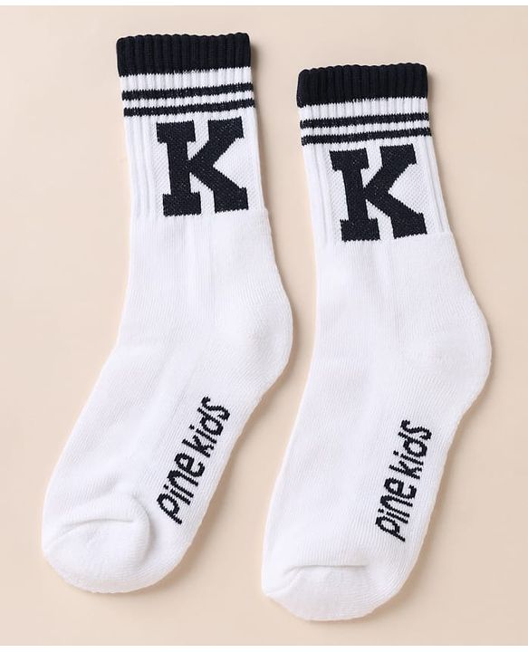 Pine Kids Cotton Mix Knit Below knee length Socks with Alphabet Print in White & Black Pack of 3