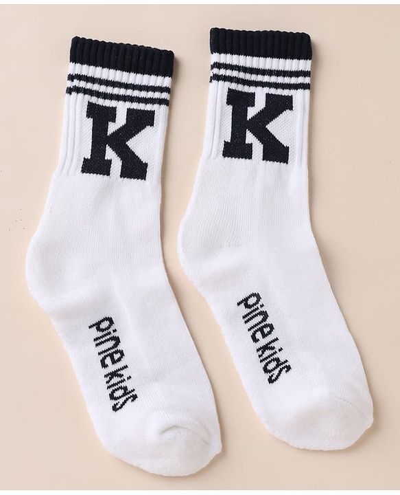 Pine Kids Cotton Mix Knit Below knee length Socks with Alphabet Print in White & Black Pack of 3