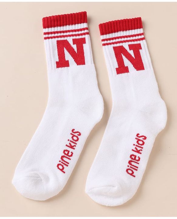 Pine Kids Cotton Mix Knit Below knee length Socks with Alphabet Print in White & Black Pack of 3