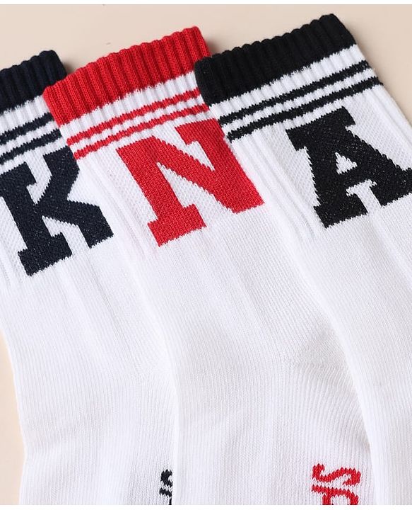 Pine Kids Cotton Mix Knit Below knee length Socks with Alphabet Print in White & Black Pack of 3
