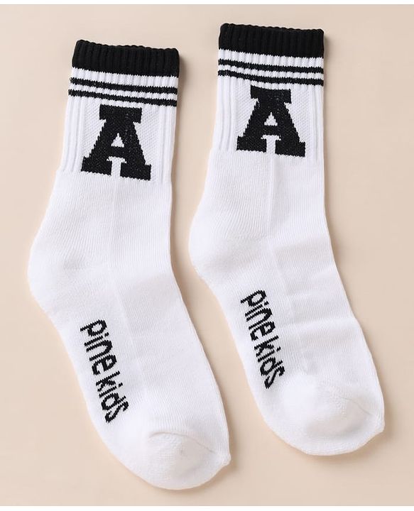 Pine Kids Cotton Mix Knit Below knee length Socks with Alphabet Print in White & Black Pack of 3