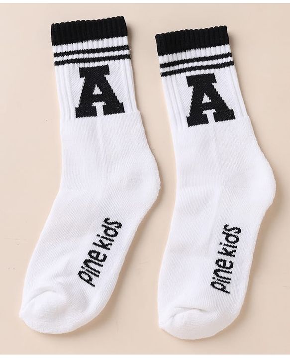 Pine Kids Cotton Mix Knit Below knee length Socks with Alphabet Print in White & Black Pack of 3