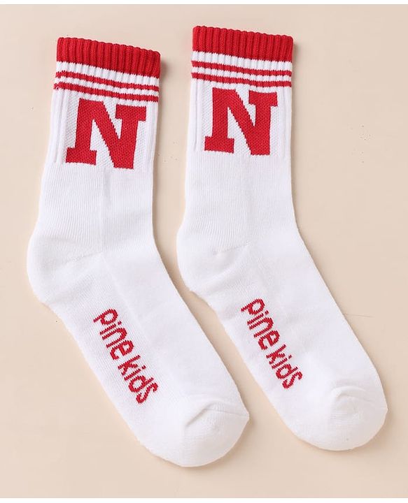 Pine Kids Cotton Mix Knit Below knee length Socks with Alphabet Print in White & Black Pack of 3