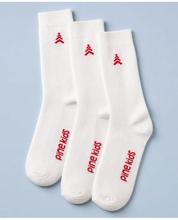 Pine Kids Cotton Knit Socks With Tree Embroidery Pack Of 3 -White
