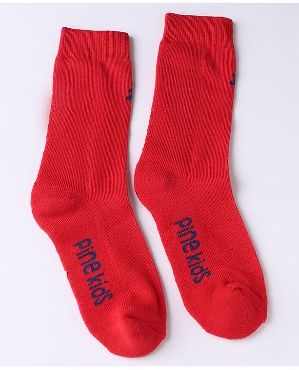 Pine Kids Cotton Mix Knit Below knee length Socks with Pine Kids Text in White Blue & Red Pack of 3