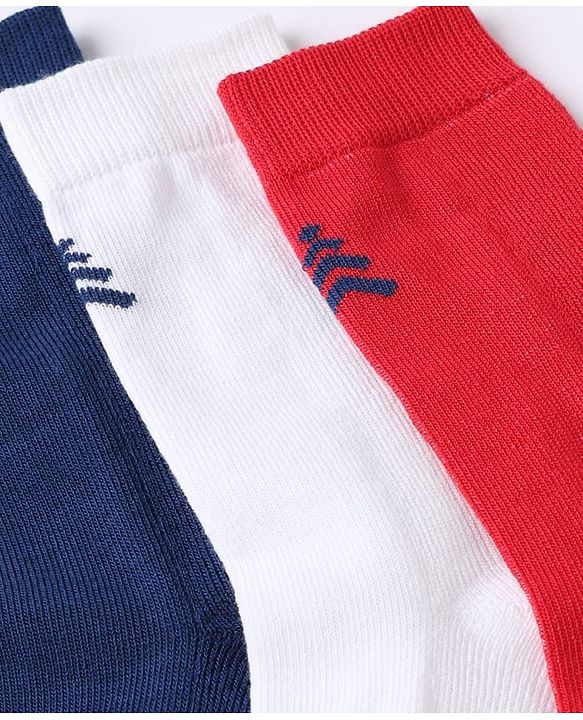 Pine Kids Cotton Mix Knit Below knee length Socks with Pine Kids Text in White Blue & Red Pack of 3