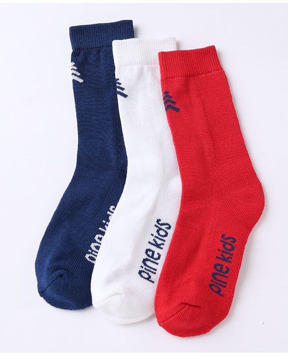 Pine Kids Cotton Mix Knit Below knee length Socks with Pine Kids Text in White Blue & Red Pack of 3
