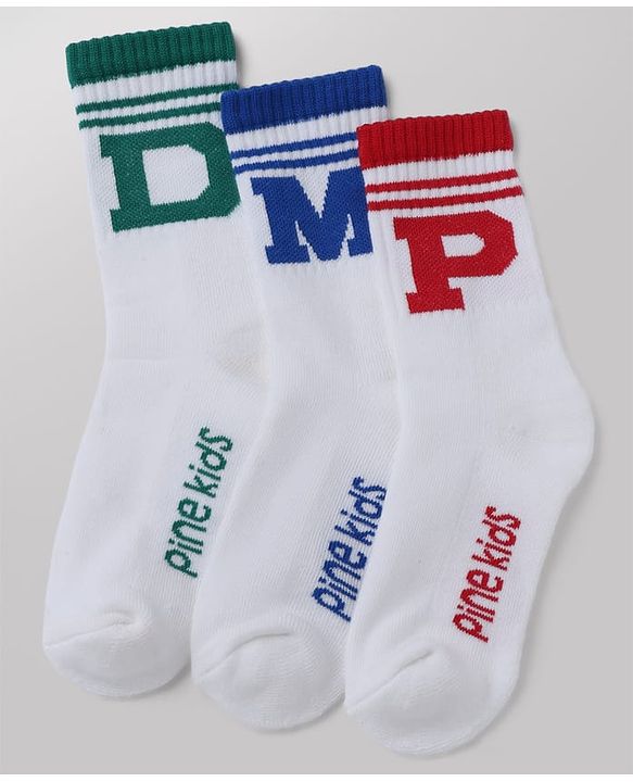 Pine Kids Cotton Mix Knit Mid Calf Socks With Text Design Pack of 3 - White