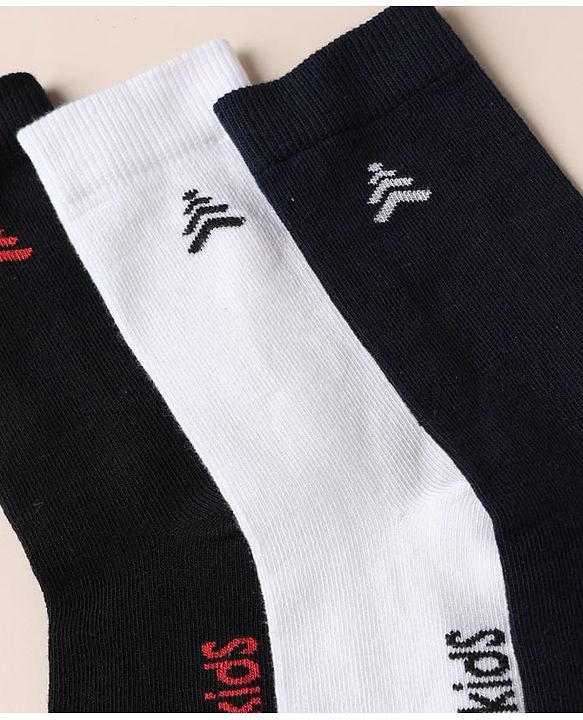 Pine Kids Cotton Mix Knit Below Knee Length Socks With Text Design Pack of 3 - Black White