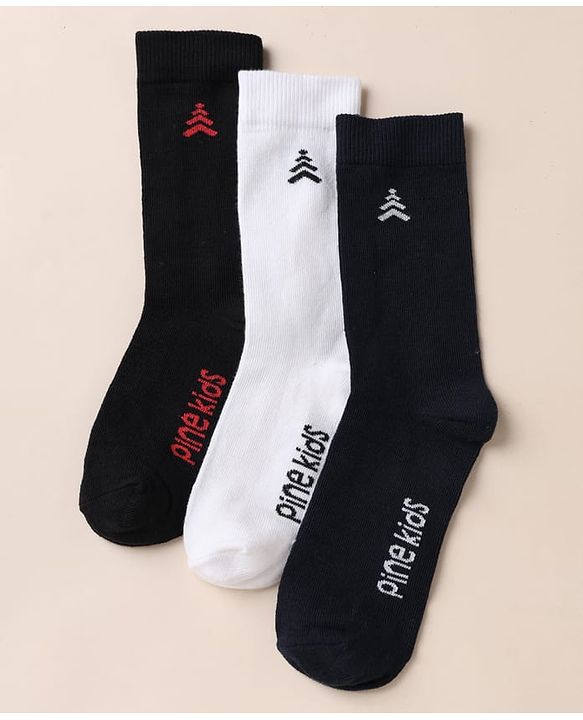 Pine Kids Cotton Mix Knit Below Knee Length Socks With Text Design Pack of 3 - Black White
