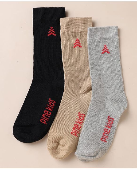 Pine Kids Knit Below Knee Length Socks With Text Design Pack of 3 - Brown Black Grey