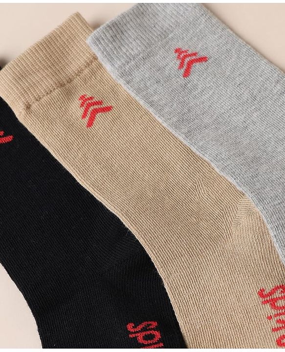 Pine Kids Knit Below Knee Length Socks With Text Design Pack of 3 - Brown Black Grey