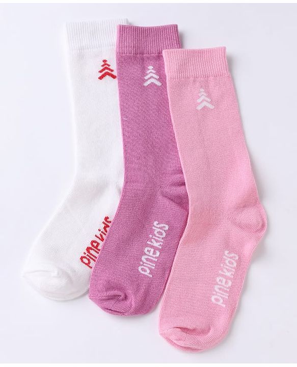 Pine Kids Cotton Mix Knit Below knee length Socks with Pine Kids Text in White & Pink Pack of 3