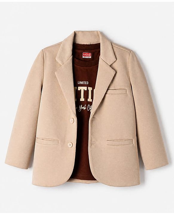 Babyhug Knit Full Sleeves Solid Blazer With Printed T-shirt in Beige