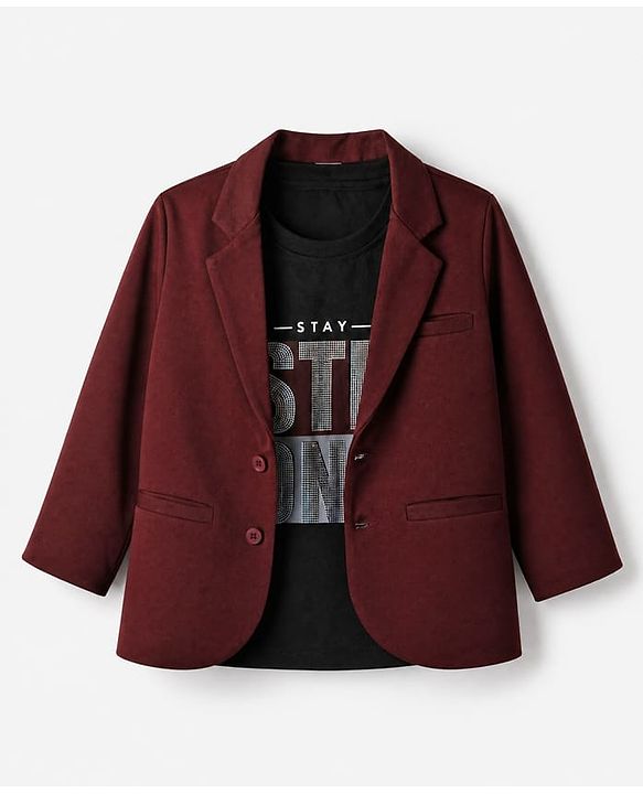Babyhug Knit Full Sleeves Solid Blazer with Printed T-Shirt - Maroon