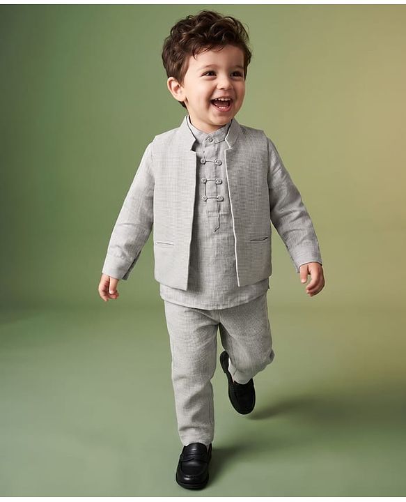 Babyhug Woven Full Sleeves  Shirt with Solid Jacket and Trousers  - Grey