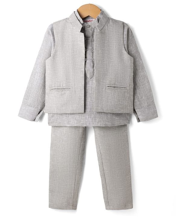 Babyhug Woven Full Sleeves  Shirt with Solid Jacket and Trousers  - Grey